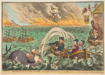 Brytyjski Tars holujący duńską flotę do portu, szerokodenny Lewiatan..., 1 października 1807 r. autorstwa James Gillray