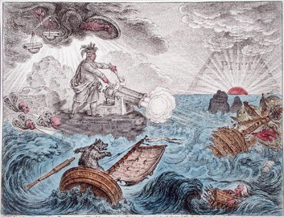 Bruin w swojej łodzi, czyli kierownik w niebezpieczeństwie, wydana przez Hannah Humphrey w 1806 r. (akwaforta ręcznie kolorowana) autorstwa James Gillray