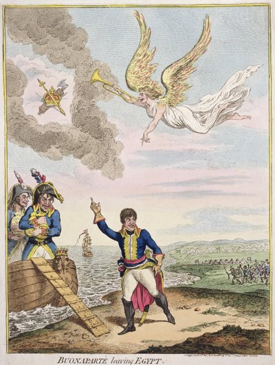 Buonaparte opuszcza Egipt, wydana przez Hannah Humphrey w 1800 roku (akwaforta ręcznie kolorowana) autorstwa James Gillray