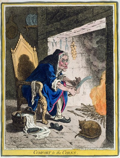 Comfort to the Corns, wydana przez Hannah Humphrey w 1800 roku (akwaforta ręcznie kolorowana) autorstwa James Gillray