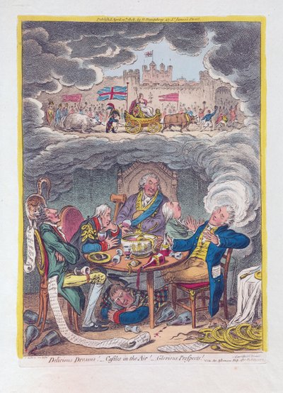 Pyszne sny: zamki w powietrzu! - Wspaniałe perspektywy!, wyd. 1808 (grawerowanie ręcznie kolorowane) autorstwa James Gillray