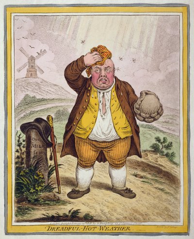 Dreadful-Hot Weather, opublikowana przez Hannah Humphrey w 1808 r. (akwaforta ręcznie kolorowana) autorstwa James Gillray