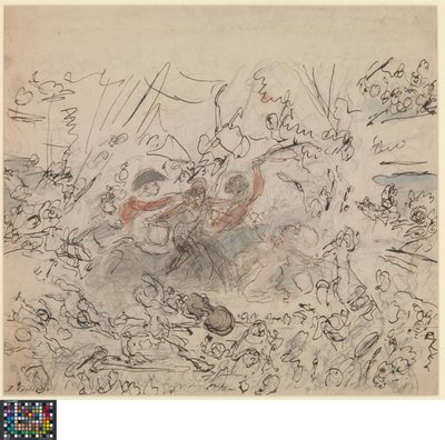 Niderlandzki: Spektakl świata: Wojny napoleońskie (recto).  Lista tematów "godnych talentu brytyjskich artystów" (verso) autorstwa James Gillray