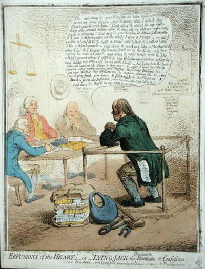 Effusions of the Heart, czyli Leżący Jack the Blacksmith at Confession, opublikowany przez Hannah Humphrey w 1795 roku dla Towarzystwa Filantropijnego (akwaforta ręcznie kolorowana) autorstwa James Gillray