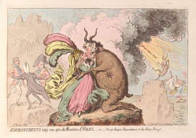 Zaklęcia ostatnio widziane w Górach Walii lub Shon-ap Morgans Reconcilement to the Fairy Princess, wyd. 1796 (grawerowanie ręcznie kolorowane) autorstwa James Gillray