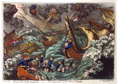 Koniec inwazji irlandzkiej – lub – Zniszczenie francuskiej Armady”, James Gillray 1797. Francuskie okręty rozbite podczas sztormu wysadzone przez Pitta w lewym górnym rogu i jego ministrów. Charles James Fox i jego sojusznicy z opozycji grozi utonięciem. autorstwa James Gillray