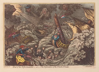 Koniec inwazji irlandzkiej lub zniszczenie francuskiej Armady, wyd. 1797 (grawerowanie ręcznie kolorowane) autorstwa James Gillray