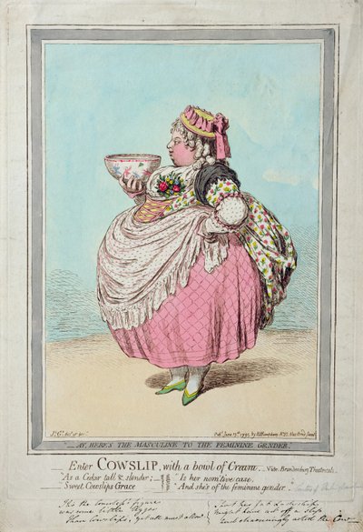 Enter Cowslip, z miską śmietany, opublikowany przez Hannah Humphrey w 1795 r. (akwaforta ręcznie kolorowana) autorstwa James Gillray