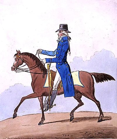 Equestrian Elegance, czyli Szlachetny Szkot, metamorfoza, wydana przez Hannah Humphrey w 1803 r. (akwaforta ręcznie kolorowana) autorstwa James Gillray