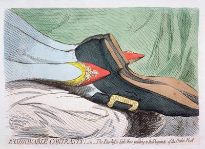 Modne kontrasty, czyli bucik księżnej ustępujący wielkości książęcej stopy, wyd. Hannah Humphrey w 1792 r. (akwaforta z wc) autorstwa James Gillray