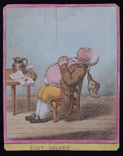 Fast Asleep, opublikowana przez Hannah Humphrey w 1806 r. (akwaforta ręcznie kolorowana) (patrz także 189789) autorstwa James Gillray