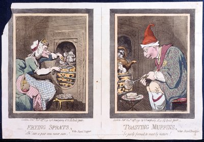 Frying Sprats, or Royal Supper, and Toasting Muffins, or Royal Breakfast, wydana przez Hannah Humphrey w 1791 roku (akwaforta ręcznie kolorowana) autorstwa James Gillray