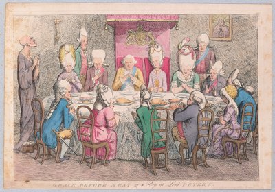 Grace before Meat or a Peep at Lord Peters, wyd. 1779 (ręcznie kolorowane grawerowanie) autorstwa James Gillray
