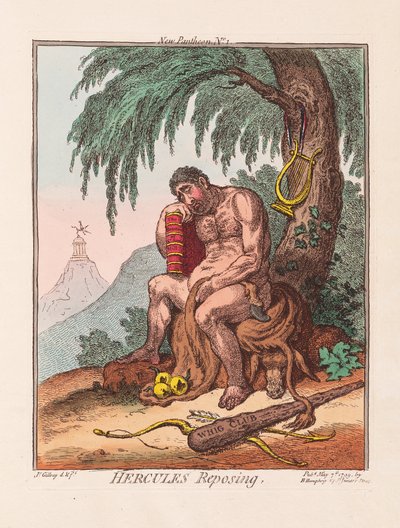 Odpoczynek Herkulesa, wyd. 1799 (ręcznie kolorowany grawer) autorstwa James Gillray