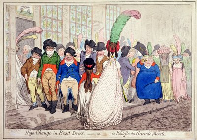 High Change in Bond Street, czyli La Politesse du Grande Monde, opublikowana przez Hannah Humphrey w 1796 r. (akwaforta ręcznie kolorowana) autorstwa James Gillray