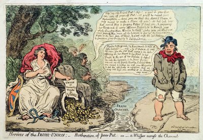 Okropności Unii Irlandzkiej: Botheration of Poor Pat, or A Whisper across the Channel, opublikowane przez Hannah Humphrey w 1798 roku (akwaforta ręcznie kolorowana) autorstwa James Gillray