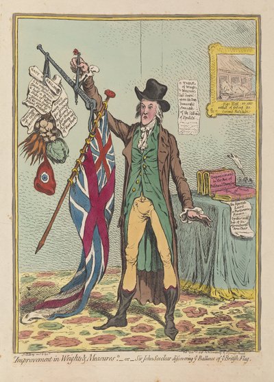 Poprawa w Wagach i Miarach lub Sir John Seeclear odkrywający każdy bilans każdej flagi brytyjskiej, wyd. 1798 (ręcznie kolorowane grawerowanie) autorstwa James Gillray
