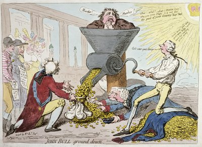 John Bull Ground Down, wydana przez Hannah Humphrey w 1795 r. (akwaforta ręcznie kolorowana) autorstwa James Gillray