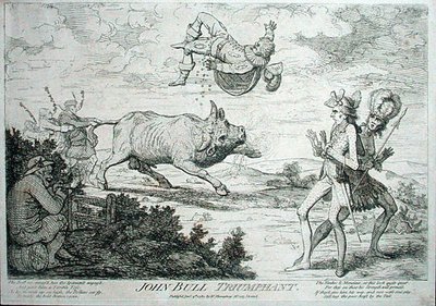 John Bull Triumphant, wydany przez Williama Humphreya w 1780 roku (akwaforta) autorstwa James Gillray