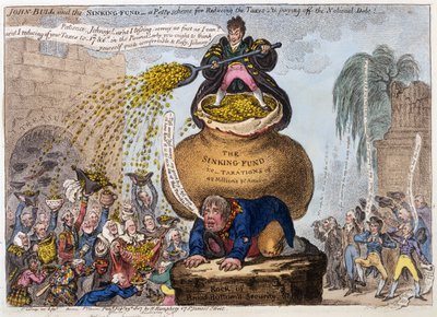 John Bull i The Sinking Fund - drobny program redukcji podatków i spłaty długu narodowego, wyd. H Humphrey, Londyn, 1807 (rycina ręcznie kolorowana) autorstwa James Gillray