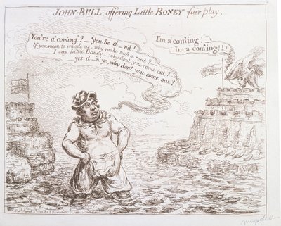 John Bull oferujący grę fair play w Little Boney, opublikowany przez Hannah Humphrey w 1803 r. autorstwa James Gillray