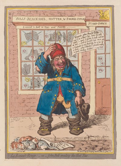 La Bonnet Rouge lub John Bull unikający podatku od kapeluszy, wyd. 1797 (ręczny grawer w kolorze) autorstwa James Gillray