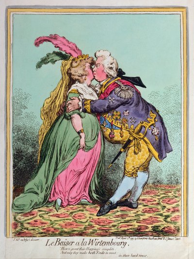 Le Baiser a la Wirtembourg, wydana przez Hannah Humphrey w 1797 r. (akwaforta ręcznie kolorowana) autorstwa James Gillray