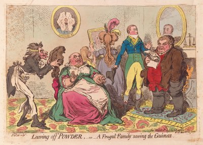 Opuszczanie proszku, czyli oszczędna rodzina ratująca Gwineę, pub.1795 (ręcznie kolorowany grawerunek) autorstwa James Gillray