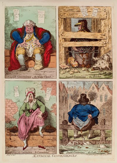 Towary krajowe. (opis i porównanie toalet w Anglii, Szkocji, Francji i Holandii). Dzieło Jamesa Gillraya (1757-1815), rycina i akwarela autorstwa James Gillray