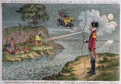 Lord Longbow, alarmista, odkrywający nieszczęścia Irlandii, opublikowany przez Hannah Humphrey w 1798 r. (ręcznie kolorowana akwaforta) autorstwa James Gillray