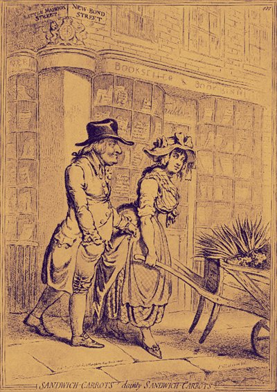 Lord Sandwich zwraca uwagę na sprzedawcę kwiatów autorstwa James Gillray