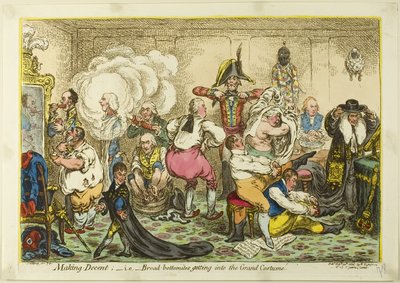 Robienie przyzwoitości, czyli szerokie dno w wielkim kostiumie autorstwa James Gillray