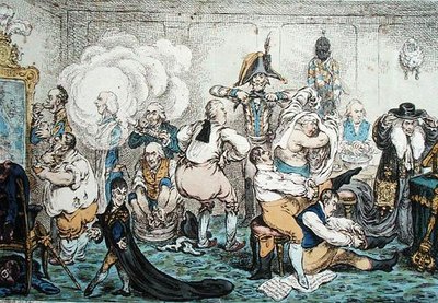 Robienie przyzwoite, czyli szerokie dno Przebieranie się w wielki kostium, wyd. przez Hannah Humphrey autorstwa James Gillray