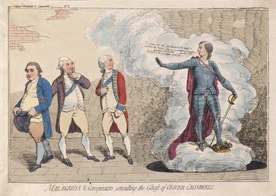 Malagrida & Conspiraators, konsultując się z Duchem Olivera Cromwella, wyd. 1782 (grawerowanie ręcznie kolorowane) autorstwa James Gillray