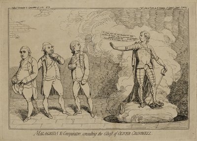 Malagrida and Conspiraators, Consulting the Ghost of Oliver Cromwell, opublikowana 10 czerwca 1782 r. (akwaforta na papierze wykładanym inkrustowanym na papierze tkanym) autorstwa James Gillray