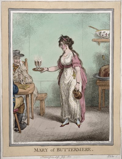 Mary of Buttermere, szkicowany z życia w lipcu 1800 roku, opublikowany przez Hannah Humphrey w 1802 roku (akwaforta ręcznie kolorowana) autorstwa James Gillray