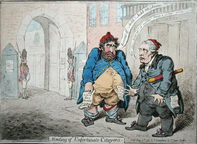 Spotkanie niefortunnych mieszkańców, wydane przez Hannah Humphrey w 1798 r. (akwaforta ręcznie kolorowana) autorstwa James Gillray