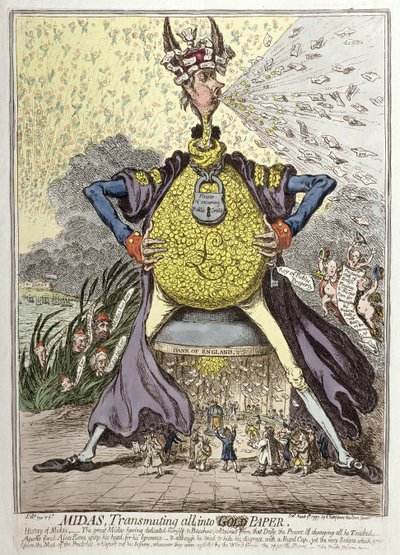 Midas Transmuting all into Gold Paper, opublikowany przez Hannah Humphrey w 1797 r. (akwaforta ręcznie kolorowana) autorstwa James Gillray