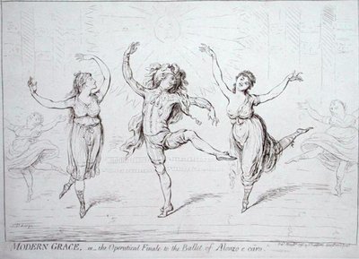 Modern Grace, czyli operowy finał baletu Alonzo e caro, wydany przez Hannah Humphrey w 1796 r. (pióro i atrament na papierze) autorstwa James Gillray