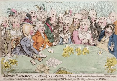 Modern Hospitality, or A Friendly Party in High Life, wydana przez Hannah Humphrey w 1792 r. (akwaforta ręcznie kolorowana) autorstwa James Gillray