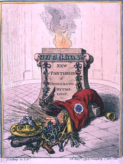 New Panteon of Democratic Mythology, opublikowany przez Hannah Humphrey w 1799 (akwaforta ręcznie kolorowana) autorstwa James Gillray
