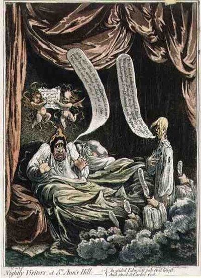„Nocni goście na Wzgórzu Św. Anny: „W szybującym bladookim duchu Edwarda i stojącym u stóp Carlo”, wyd. przez H. Humphreya autorstwa James Gillray