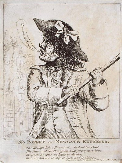 Bez Popery lub Newgate Reformer: prawdopodobnie Ned Dennis noszący przysługę „No Popery” w kapeluszu, a za nim Newgate Prison autorstwa James Gillray