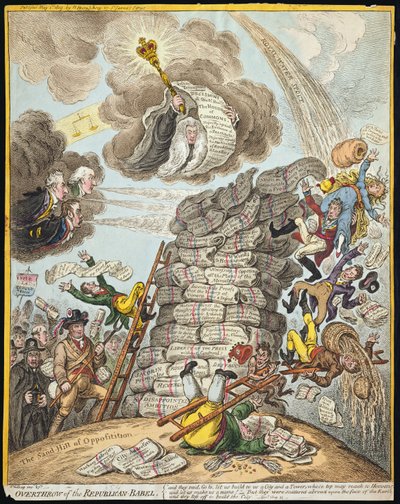Obalenie republikańskiego Babelu, opublikowane przez Hannah Humphrey w 1809 roku (akwaforta ręcznie kolorowana) autorstwa James Gillray