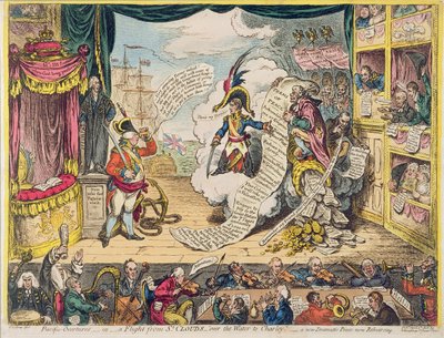 Pacific-Overtures, czyli lot z St. Clouds „nad wodą do Charley” – nowy dramatyczny Peace now Rehearsing, opublikowany przez Hannah Humphrey w 1806 r. (akwaforta ręcznie kolorowana) autorstwa James Gillray