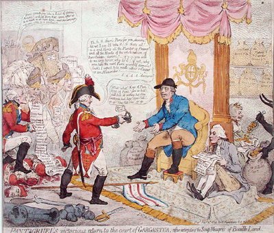Zwycięski powrót Pantagruela na dwór Gargantui po wytępieniu „Zupy-Meagres z Ziemi Bouaille”, wydanej przez Hannah Humphrey w 1794 r. (akwaforta ręcznie kolorowana) autorstwa James Gillray