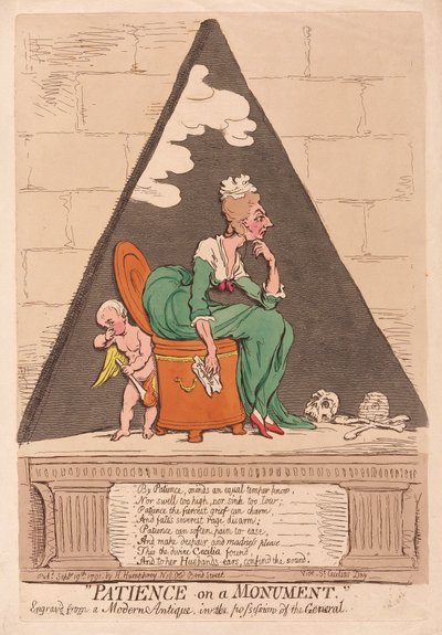 Cierpliwość na pomniku, wyd. 1791 (grawerowanie ręcznie kolorowane) autorstwa James Gillray