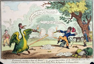 Patrioci rozstrzygający kwestię honoru! lub Dokładne przedstawienie Rencontre, które miało miejsce w Coombe Wood 2 maja 1807 roku pomiędzy Małym Pawłem Taylorem i Sir Francisem Goose, opublikowane przez Hannah autorstwa James Gillray