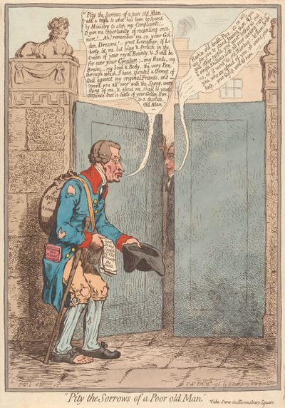 Współczujcie smutkom biednego starca, zobacz Scena na Bloomsbury Square autorstwa James Gillray