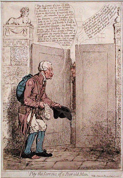 Szkoda smutków biednego starego człowieka, wydana przez Hannah Humphrey w 1796 r. (akwaforta ręcznie kolorowana) autorstwa James Gillray